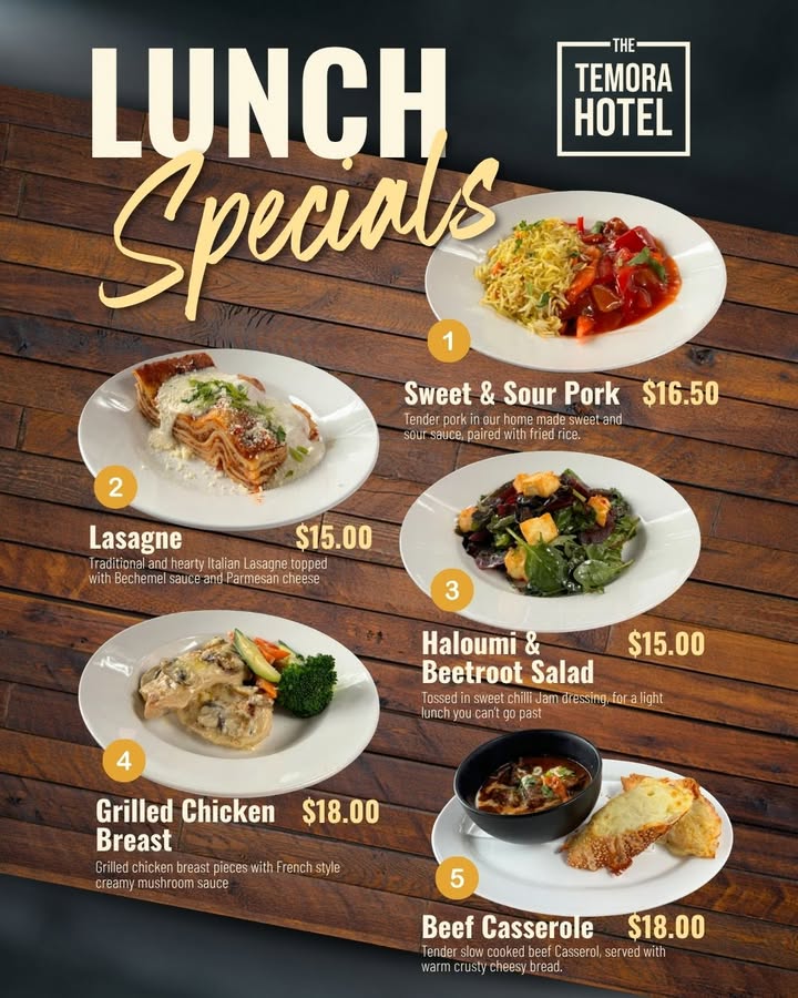 Featured image for “Daily Lunch Specials at Temora Hotel”