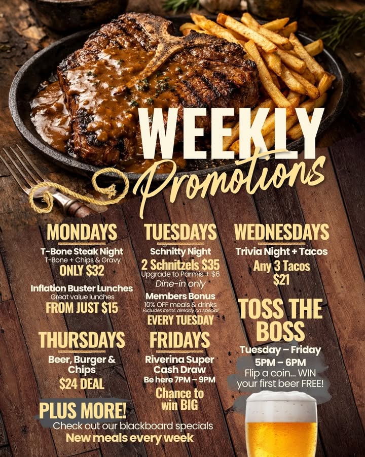 Featured image for “Weekly Promotions at Temora Hotel”