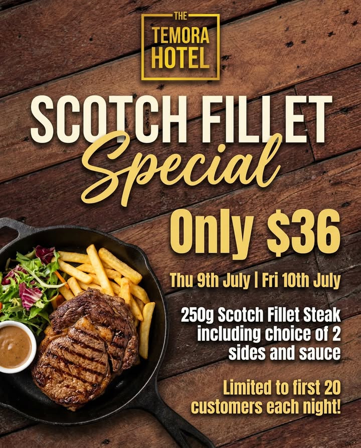 Featured image for “250g Scotch Fillet Special for $36 at Temora Hotel”